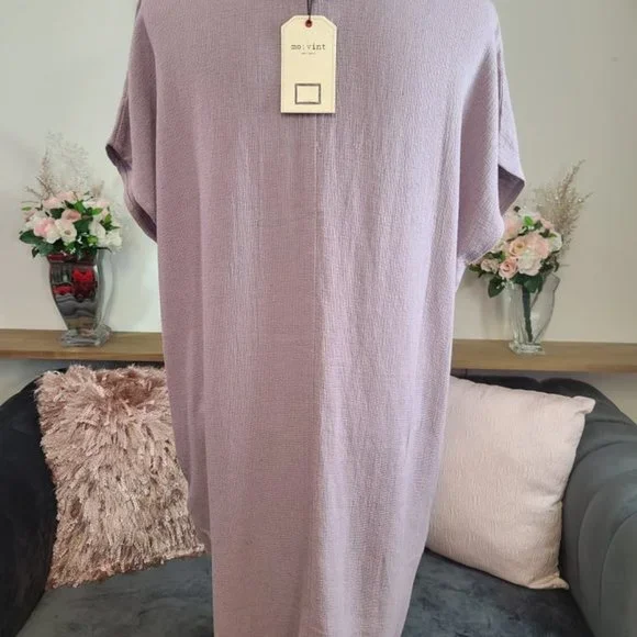 Lavender Linen Short Sleeve Dress with Pockets - Picture 6 of 6